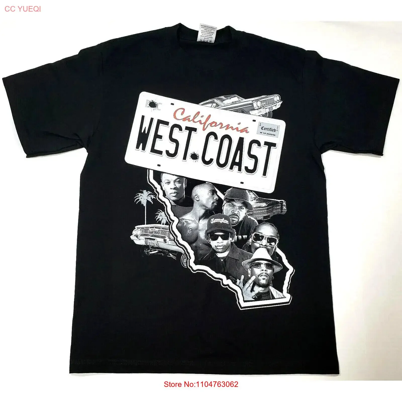 Фото Футболка WEST COAST Rap T-shirt California Cali Hip Hop Urban Streetwear S-5XL Q12441 винтажная, с эффектом потертости, эластичная, с графическим принтом, слегка повседневная №1
