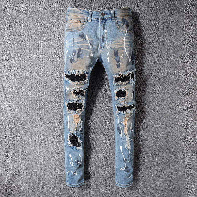 2022 Light Blue Streetwear Men Fashion Distressed Destroyed Tie Dye Rivet Patched Skinny Stretch Ripped Slim Fit Jeans Hombres