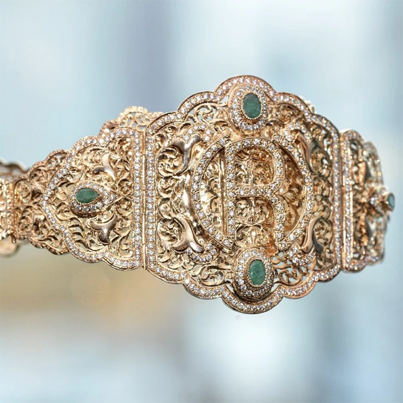 

Moroccan Letter R Caftan Belts Luxury Rhinestone Wedding Belts Arabic Trendy Gold Plating Women Waist Band for Bridal