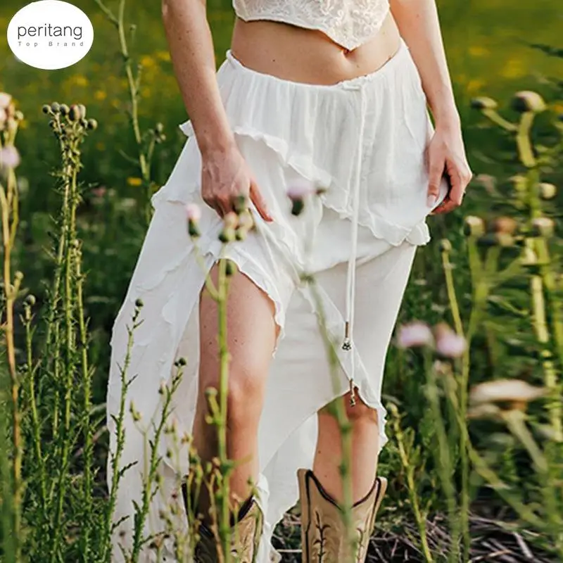 

Женская длинная юбка с оборками PERITANG, элегантная белая Свободная юбка с разрезом, на завязках, с низкой посадкой, в винтажном стиле 90-х, Y2k, 2023