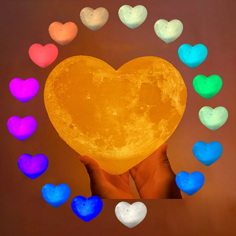 Moon Lamp with Heart Shape 3D Print USB Rechargeable Night Light Night Lamp for Home Decoration Holiday Gifts for Lover Parents