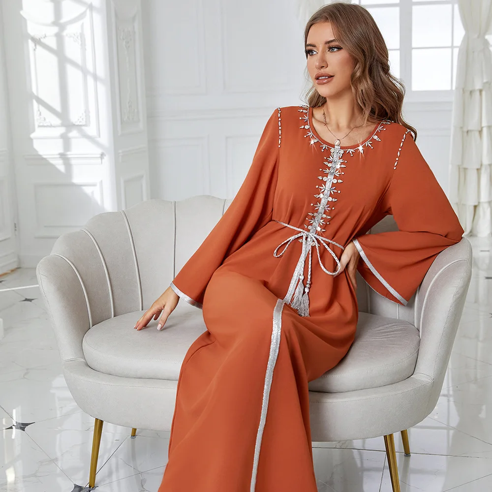 Оранжевое платье стразы с круглым вырезом арабское традиционное Элегантное Длинное Платье 2022 новые модные мусульманские платья Рамадан