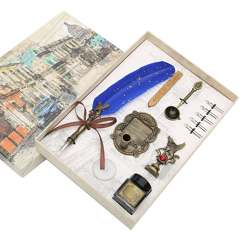 

Natural retro goose feather dipped in water Fountain pen set school students with pen calligraphy set feather pen