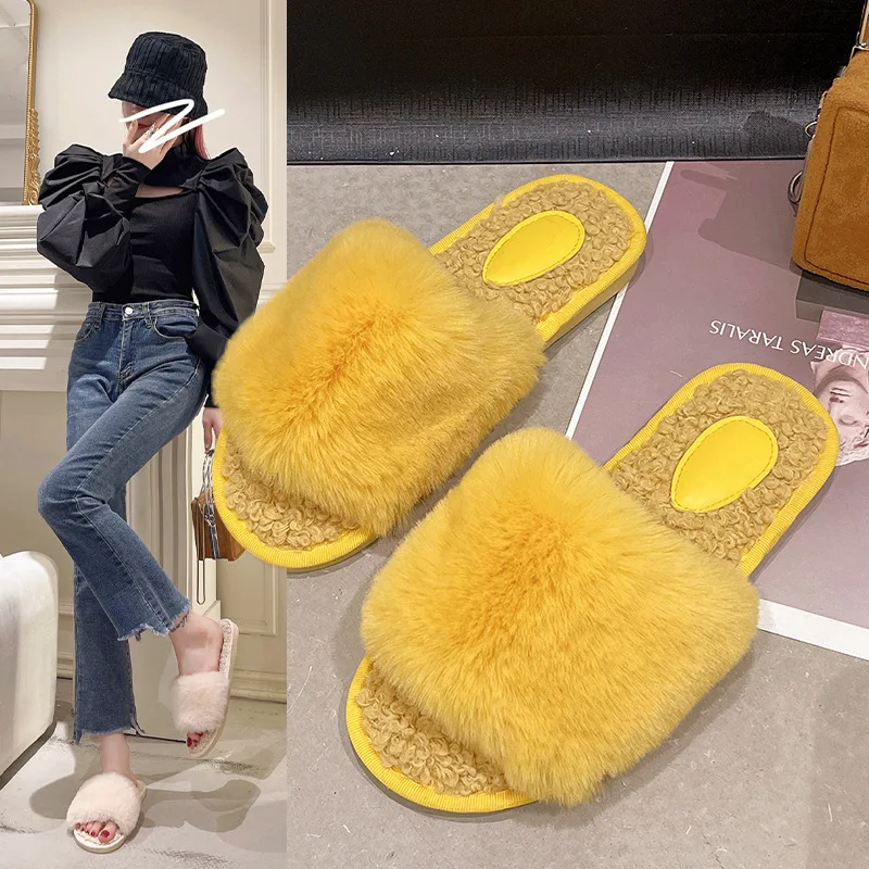 2022 осень зима Модные пушистые тапочки новые женские меховые уличные джинсовые