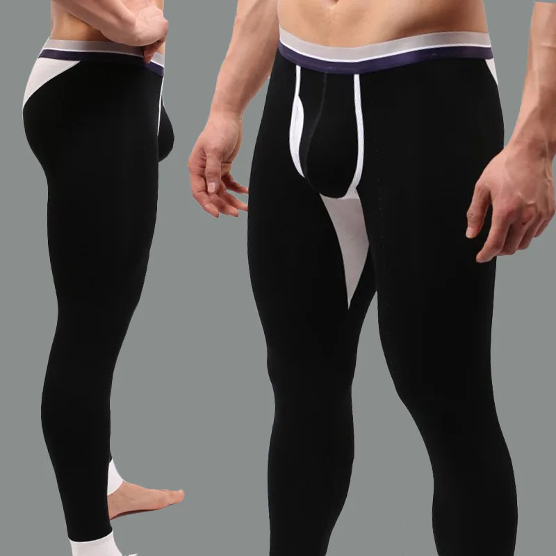 Men Modal Long Johns Thermal Underwear Men Sexy Penis Hole Leggngs Printing Male Thermal Pants Bulge Pouch Lounge Sleep Bottoms