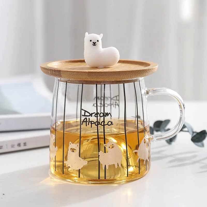 Стеклянная 3d-кружка-альпака с бамбуковой крышкой Мультяшные чашки чашка для