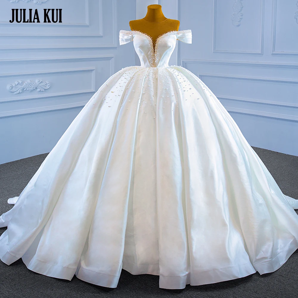 

Julia Kui Ball Gown Wedding Dresses Gorgeous Pearls Off The Shoulder With Satin Corset Back