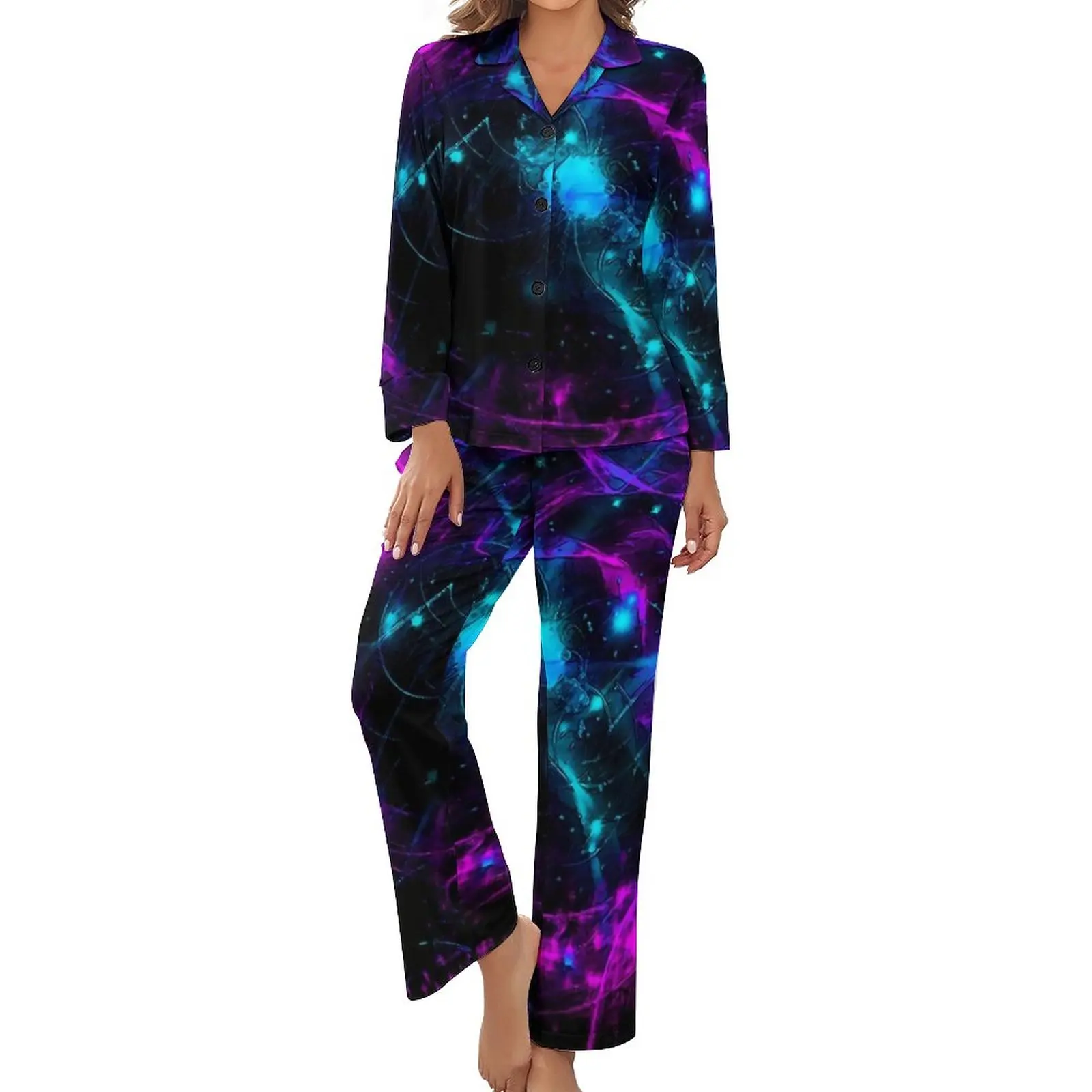 

Neon Galaxy Pajamas Long-Sleeve Purple And Blue 2 Pieces Home Pajama Sets Autumn Female V Neck Romantic Nightwear