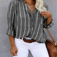 newest plus size womens blouses striped half placket v neck long sleeves casual loose top woman spring autumn female shirts