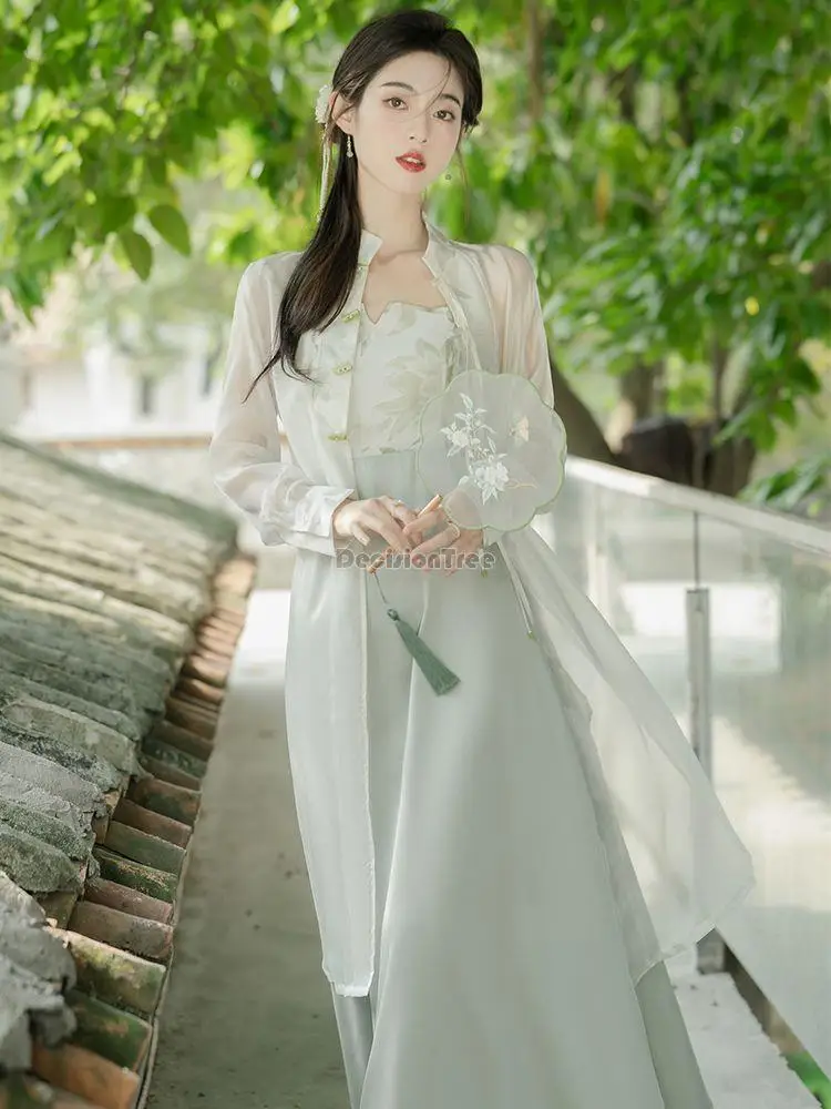 

2023 new chinese retro chinese style hanfu sling dress fairy beach holiday beach long dress summer chiffon two piece set