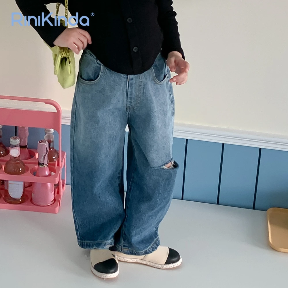 

Новинка 2023, Детские повседневные брюки для девочек, Осенние прямые брюки из джинсовой ткани с градиентом, детские свободные брюки для девочек, джинсы