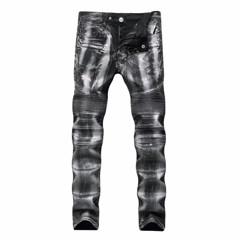 

Men's Fashion Designer Ripped Biker Jeans Men Distressed Moto Denim Joggers Washed Pleated Jean Pants Black Blue White