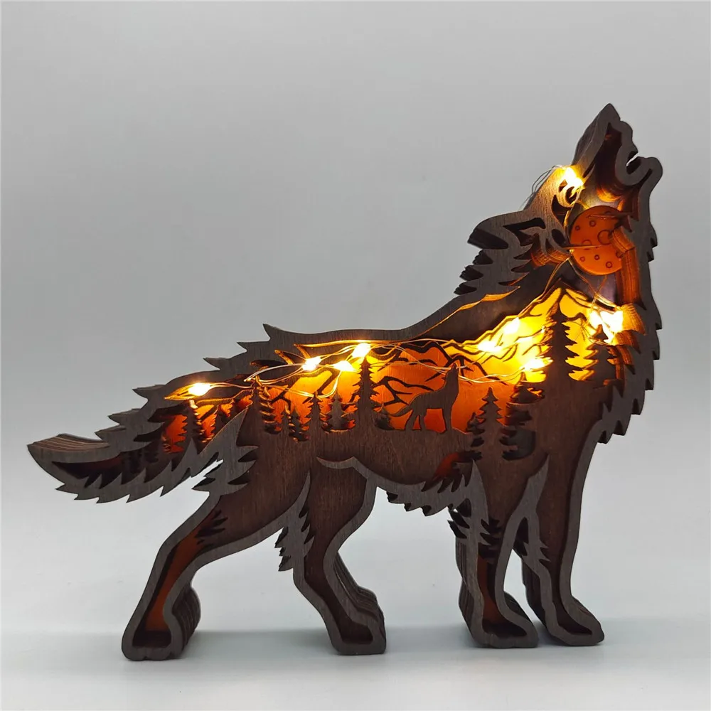 

Wooden Animal Small Wolf Totem Hollow Desktop Decoration LED Light Craft Wooden Creative Desktop Ornaments Home Decor Gift