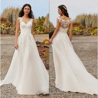 2022 lace appliques v neck vintage civil bridal gown a line sleeveless floor length wedding dresses with button back tulle