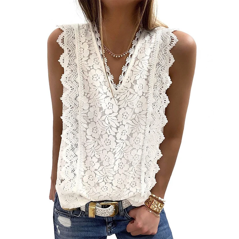Summer Lace Sleeveless Solid T Shirt Women Fashion Sexy Shirt Hollow Party V-Neck Casual Shirt Tees Large Size Hot Tanks Top