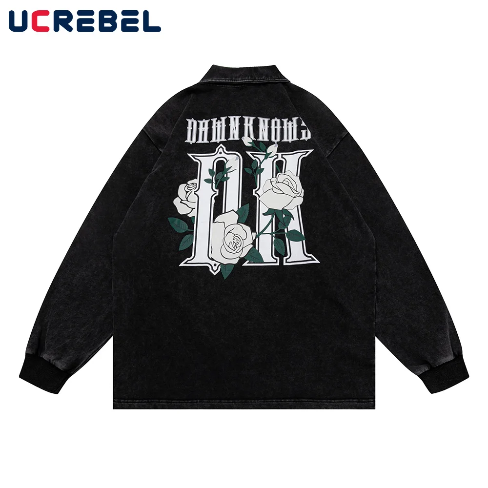 

Рубашка-поло мужская с потертым принтом, Повседневная Уличная одежда с принтом роз, футболка с длинным рукавом, с лацканами, осень