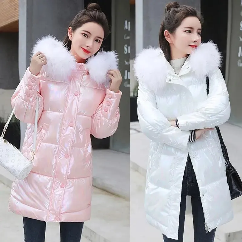 Hooded Fur Collar Women's Parka 2022 Winter New Mid-Length Jackets Shiny Glossy Down Padded Outwear Long Sleeve Female Fashion