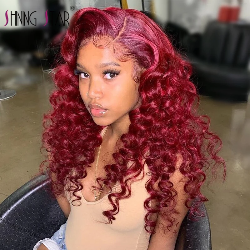 

Burgundy 99j Lace Front Human Hair Wigs Loose Deep Human Hair Wigs 13×4 Colored Red Curly Lace Frontal Wig Peruvian Pre Pluck