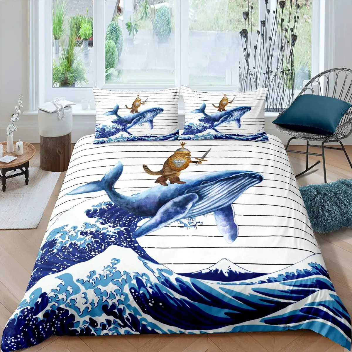 Cat Riding Whale Japanese-style Sea Wave Bedding Sets Stripe Lines Comforter Cover Full Queen