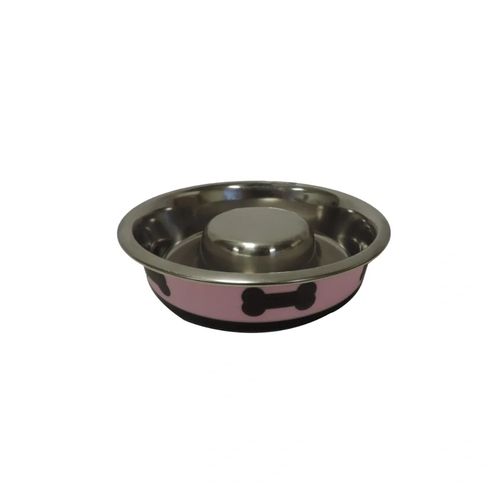 

Slow Feeder Spill Proof Pet Bowl with Rubber Base and Bone Design, Pink and Black