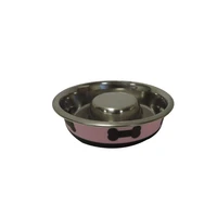 slow feeder spill proof pet bowl with rubber base and bone design pink and black