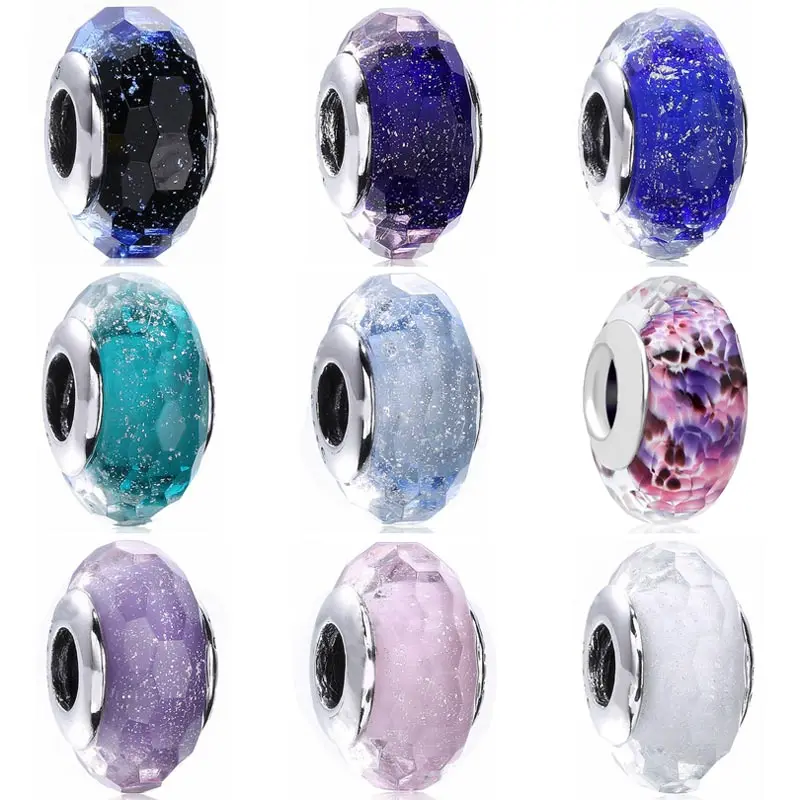 

Original Multicolor Shimmering Teal Faceted Murano Glass Charm 925 Sterling Silver Beads Fit Fashion Bracelet Diy Jewelry