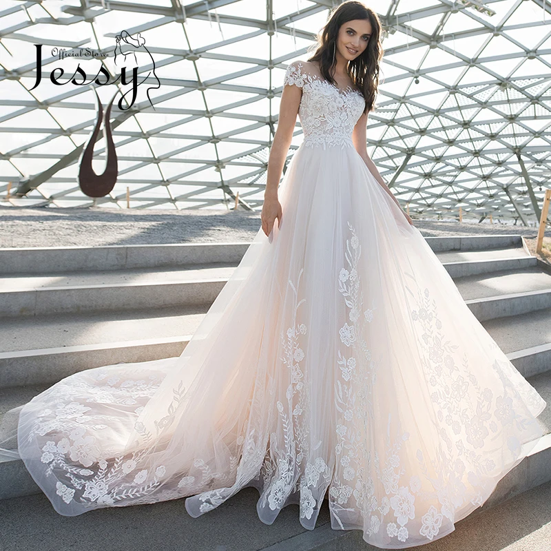 

Elegant Wedding Dress Organza With Embroidery With Princess Ball Gown Boat Neck Lace Appliques Bride Dresses Robes De Mariée