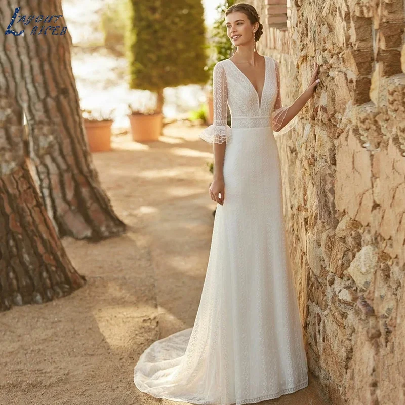 

LAYOUT NICEB Boho Wedding Dresses For Women Quarter Sleeve Lace robe de mariée bohème Deep V-neck Bridal Dress Custom Made