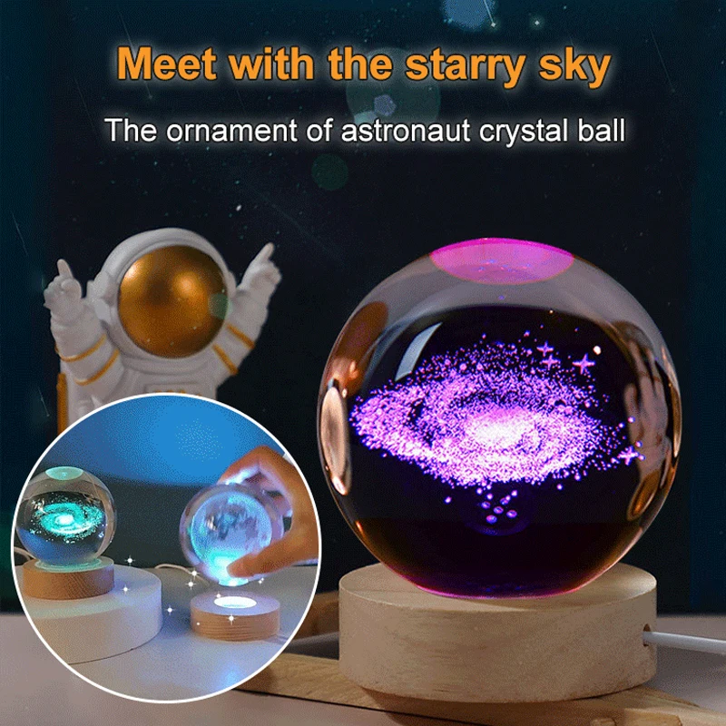 

Creative Crystal Astronaut Planet Globe 3D Laser Engraved Solar System Ball with Touch Switch LED Light Base Astronomy Gift