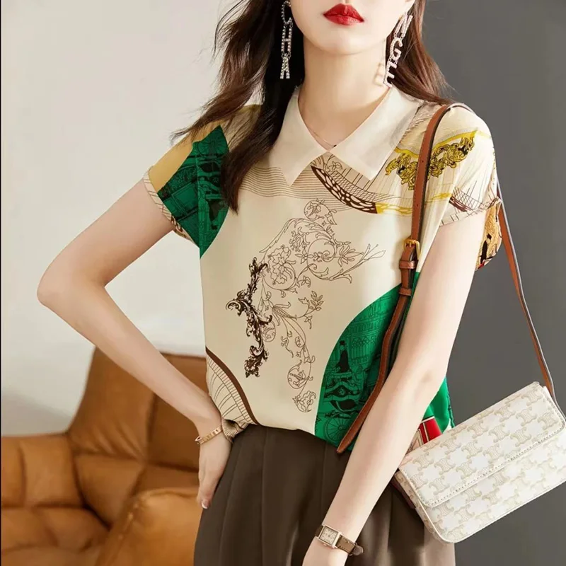 Vintage Printed Lapel Spliced Gauze Chiffon Shirt Women's Clothing 2023 Summer New Casual Pullovers Loose Commute Blouse