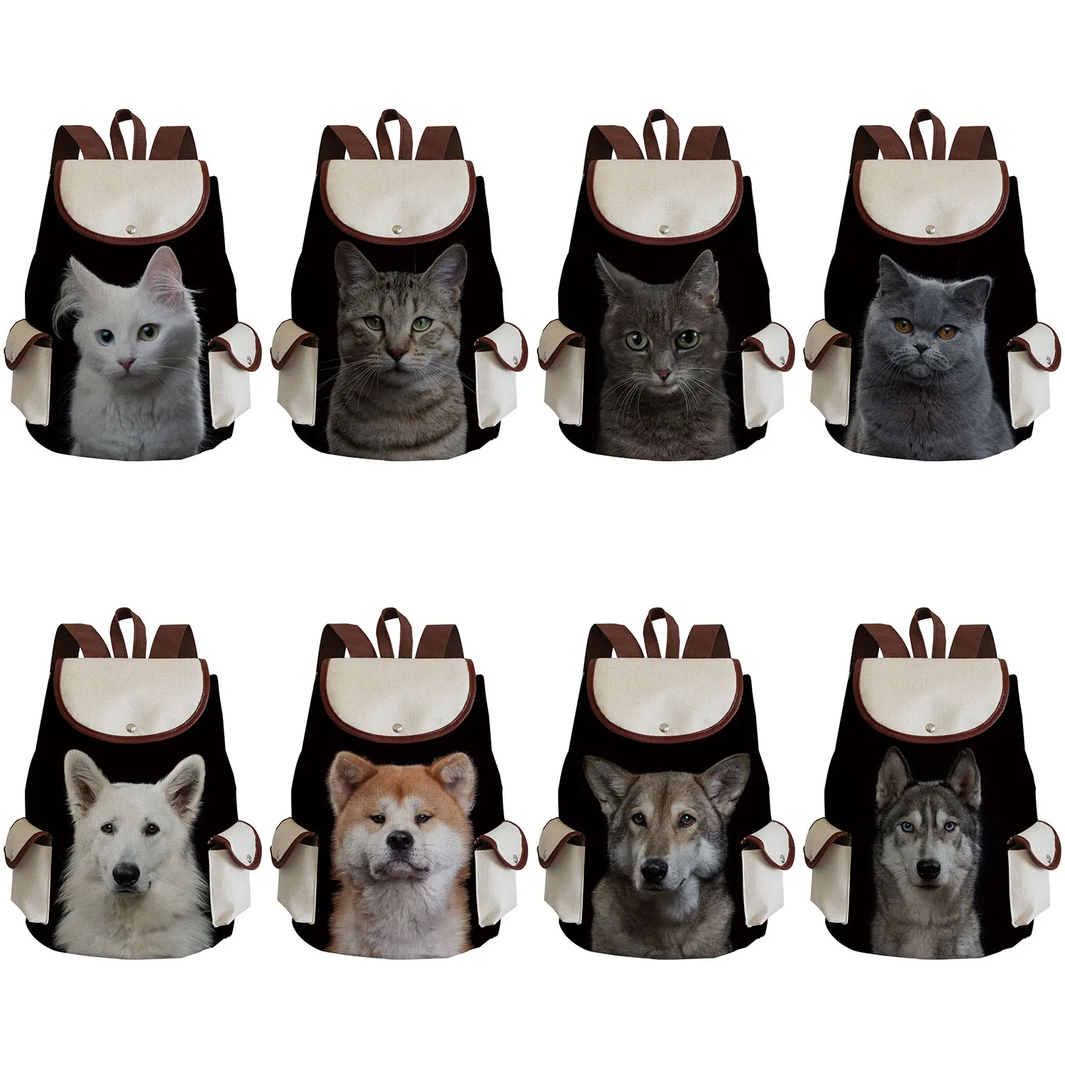 

Eco Reusable Cute Cat Backpack Black Open Pocket Dog Print School Book Storage Bags Animal Pattern Women Linen Backpack Foldable