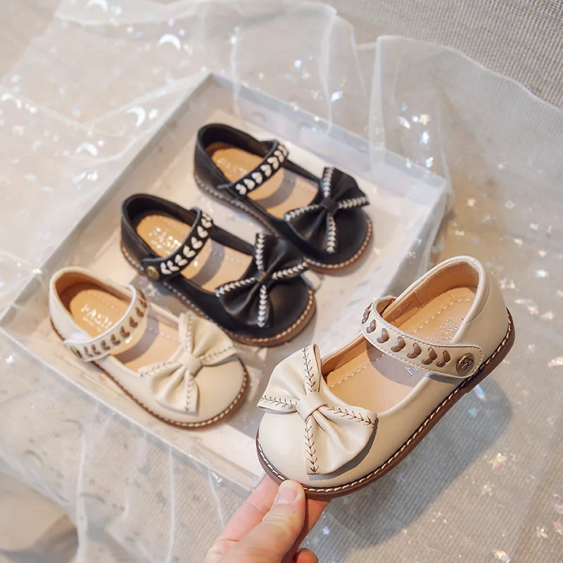 

New Spring Summer Girls Knitted Small Leather Shoes with Cute Bow Princess Sweet Cute Soft Comfortable Children Flats Kids Shoes