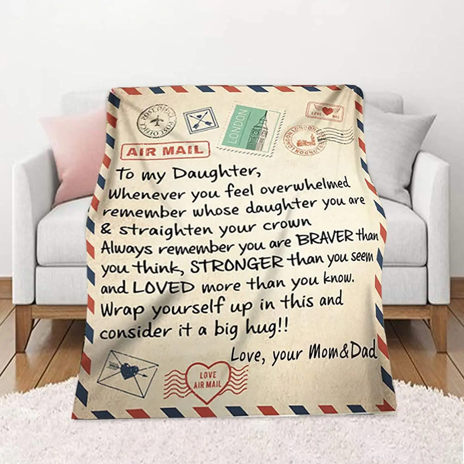 

Flannel Blanket To My Daughter Letter Printed Stamp Quilts Dad Mom For Daughter's Air Mail Blanket Positive Encourage Love Gift