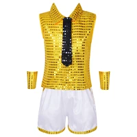 kids boys performance clothes set jazz dance costumes dancewear shiny sequins sleeveless vest tops with tie shorts and cuffs