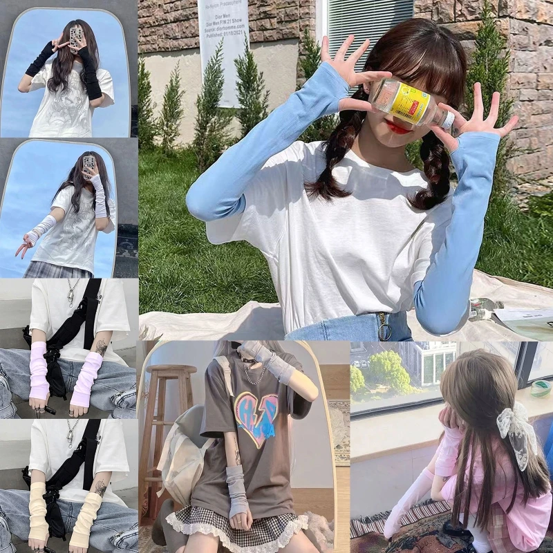 

Lovely Arm Cover with Thumb Hole Stretchy Gloves Women Long Half Finger Gloves L5YB