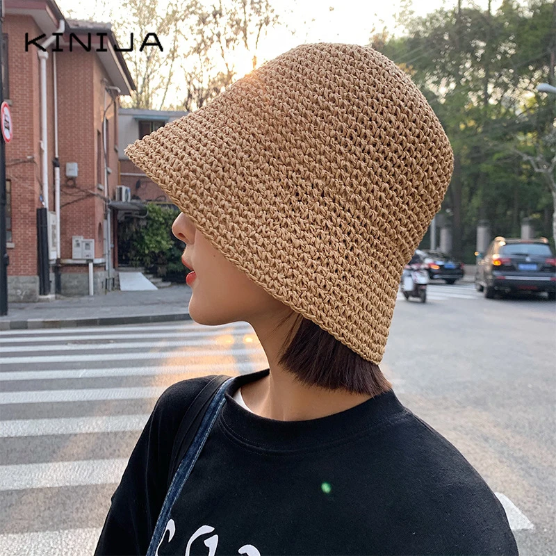 Hot Korean Summer Women Bucket Hat Small Fresh Fisherman Hat Beach Visor Hand weaving Straw Hat Panama Girl Fishing Sun Chapeau