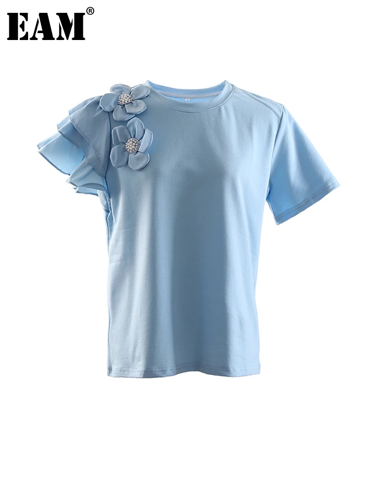 

[EAM] Women Blue Nailed Three-dimensional Flower Casual T-shirt New Round Neck Short Sleeve Fashion Spring Summer 2022 1DE7372