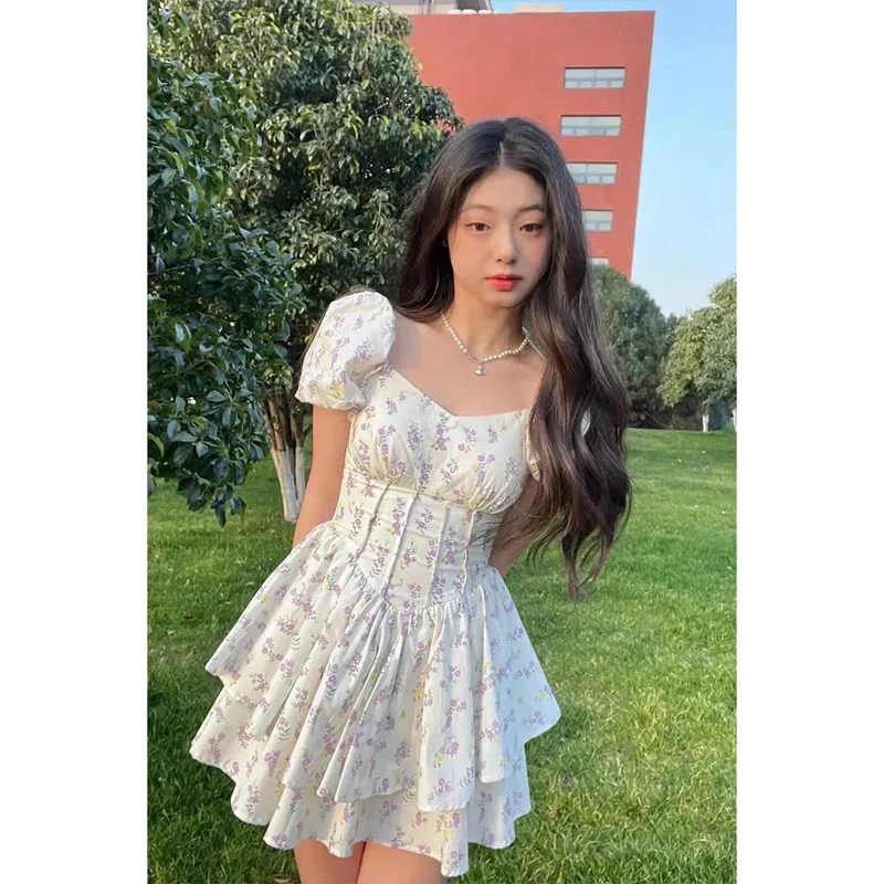 

Summer Floral Print Mini Boho Dress Women Sexy Club Wear Elegant Vintage Evening Teens Girl Clothing Square Collar Puff Sleeve