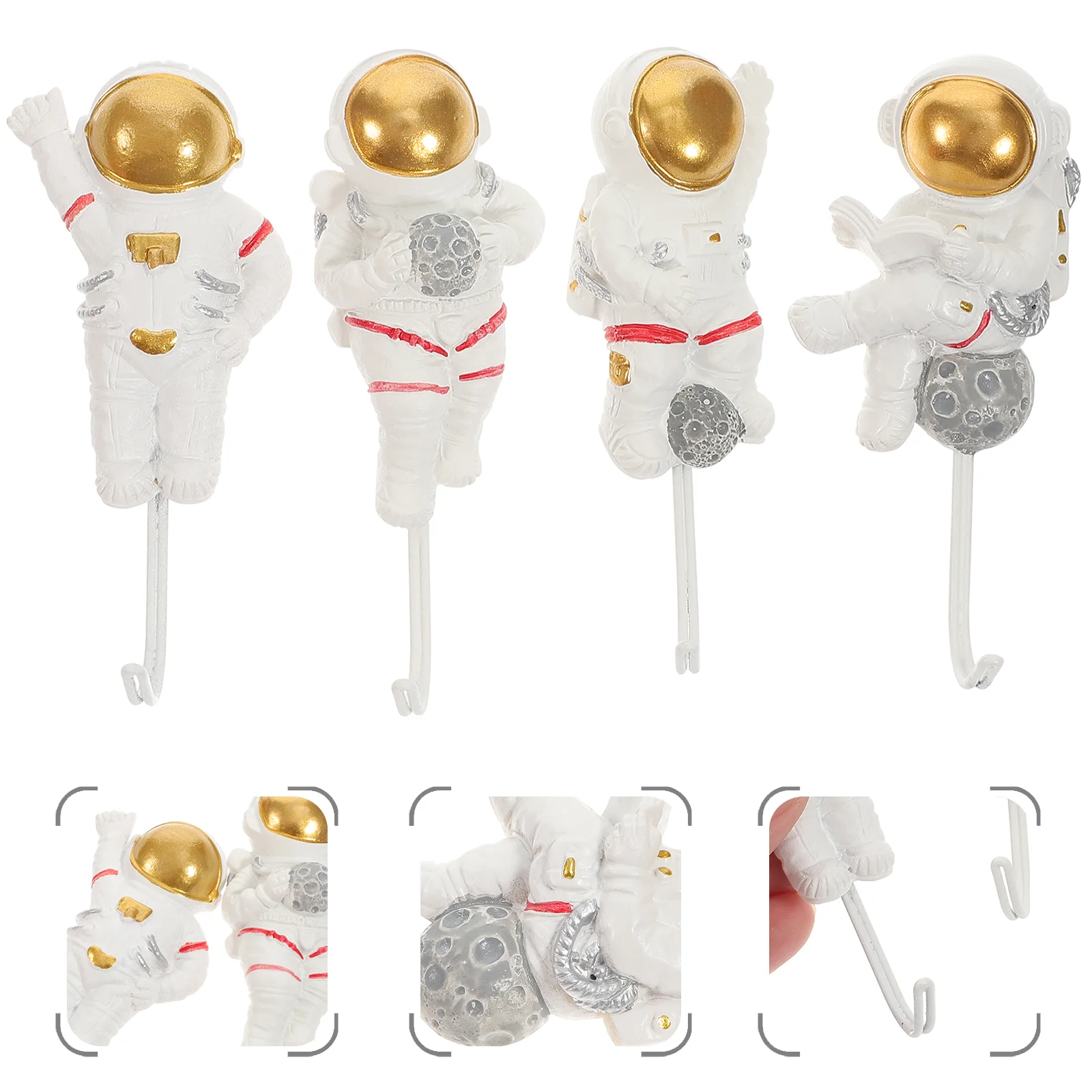 

4 Pcs Wall Mount Towel Rack Astronaut Hook Wall-mounted Sticky 8.5X3.5X1CM No Punch Resin White Design Unique Child