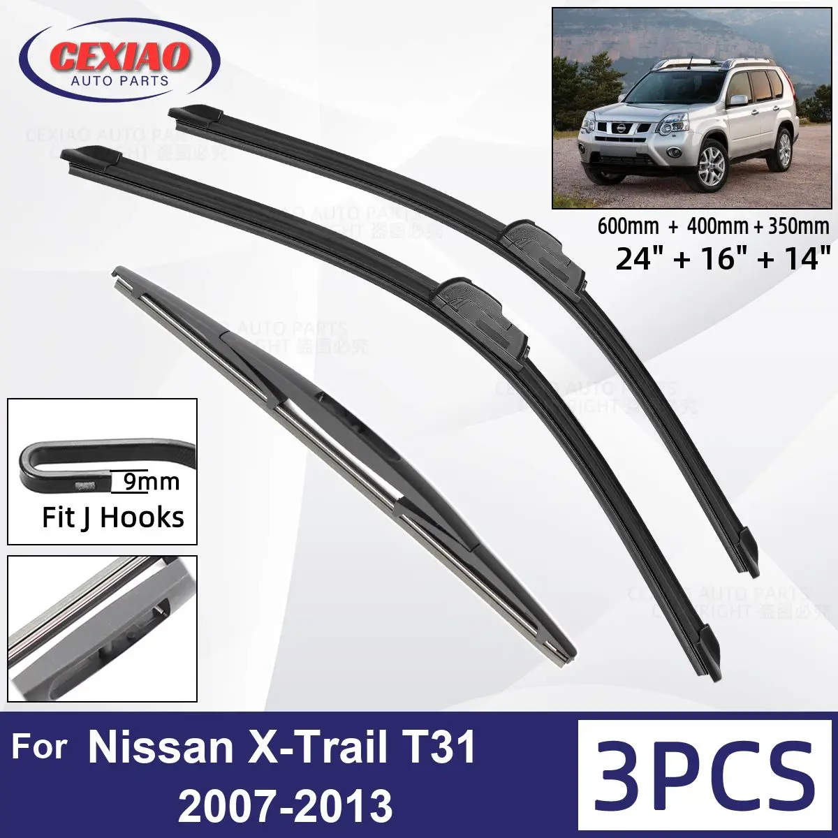 

For Nissan X-Trail T31 2007-2013 Car Front Rear Wiper Blades Soft Rubber Windscreen Wipers Auto Windshield 24"+16"+14" 2011 2012