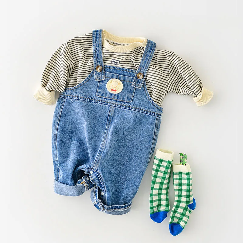 

2022 Autumn Baby Rompers Toddler Girls Clohes Bear Denim Jumpsuits Infant Overall