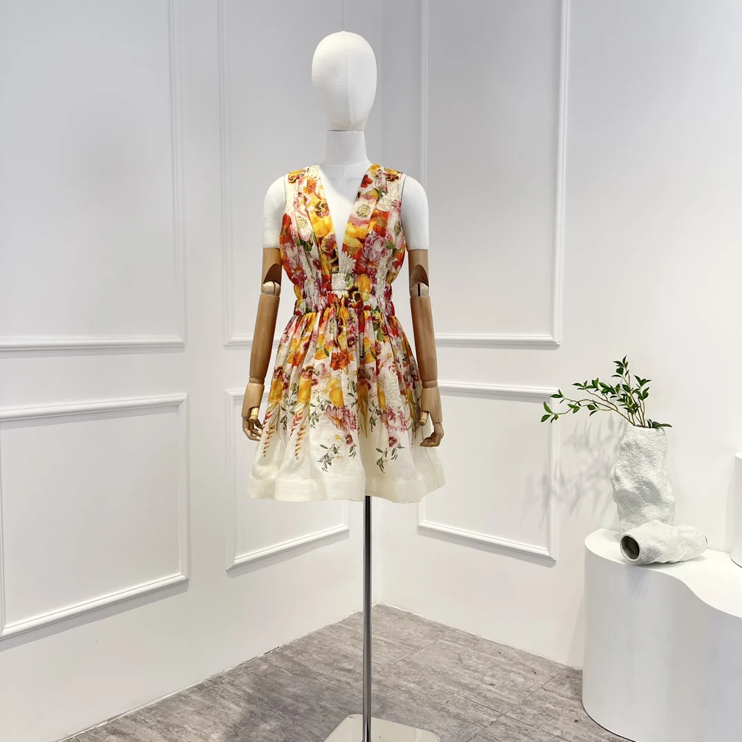 

Женское мини-платье с V-образным вырезом, оранжевое/красное платье из натурального льна с цветочным принтом и градиентным эластичным поясом, 2022