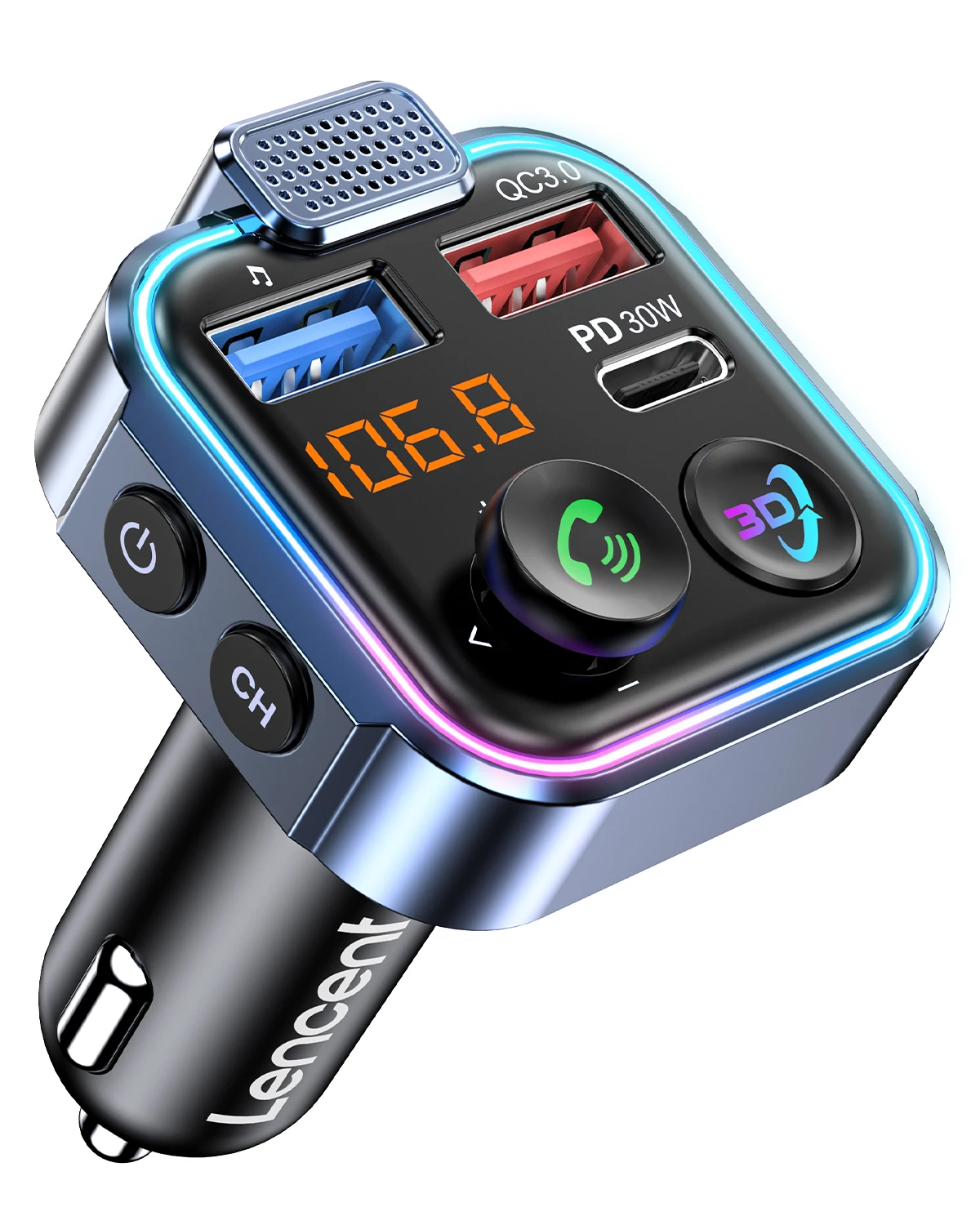 

LENCENT Bluetooth 5.3 FM-передатчик с PD 30 Вт и QC3.0 USB-передатчик с быстрым зарядным устройством Hands-free беспроводной MP3 Hi-Fi музыкальный адаптер