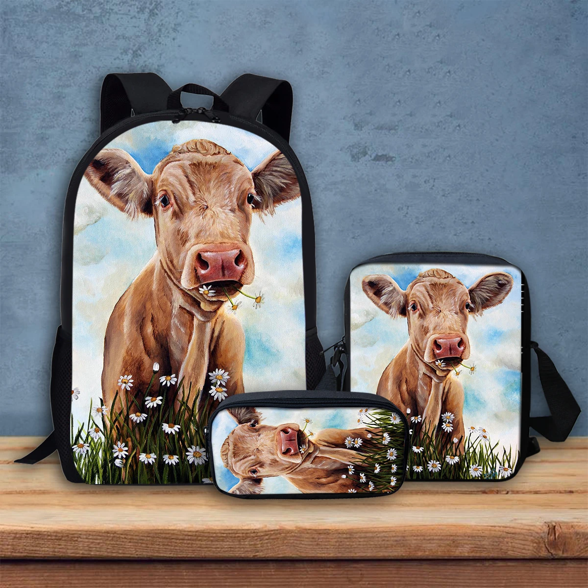 Flowers Cows Portable Crossbody Fashion Animal Pattern Stationery Boxes New Trend Teens Durable 17 Inch Backpack 3Pcs/Set Gifts