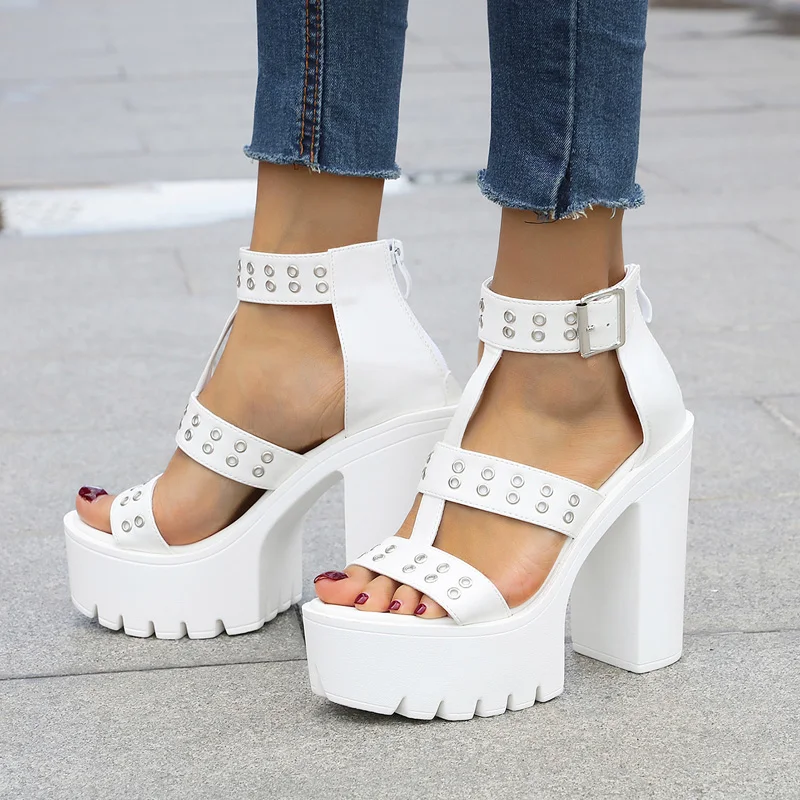 

Women Sandals 2022 White PU Leather High Heels Fashion T Belt Rivet Platforms Gladiator Summer Shoes Punk Party Sandalen Dames