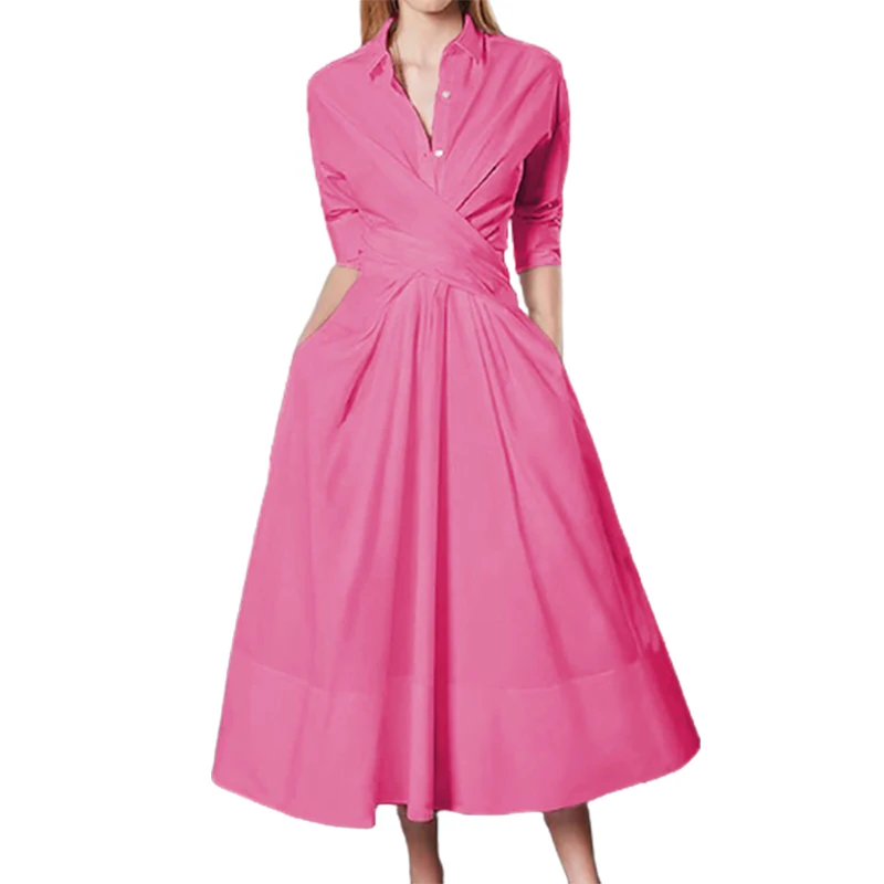 

Onecozyday 2023 New A-Line Dress for Women Urban Daily Casual Shirt Dress Spring Summer Lapel Collar Solid Color Midi Dresses