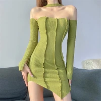2022 spring women sexy bodycon mini dress long sleeve high waist backless off shoulder halter solid color ribbed dress green