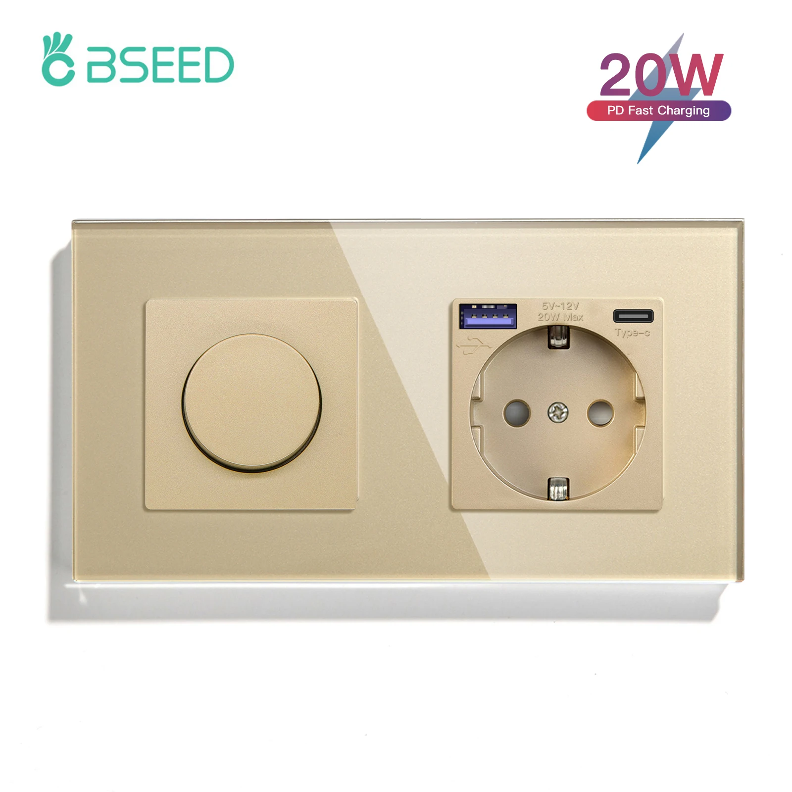 

Механический диммер BSEED, разъем европейского стандарта, USB Type-C, розетка, светодиодный переключатель с регулируемой яркостью, стеклянная рамка, 10 А