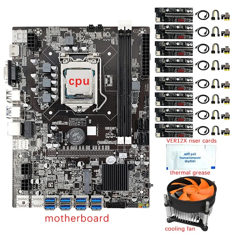 

B75 8 GPU Mining Motherboard+CPU+Fan+Thermal Grease+8X VER12X Riser Card 8 USB3.0 To PCIE 1X Slot LGA1155 DDR3 SATA3.0