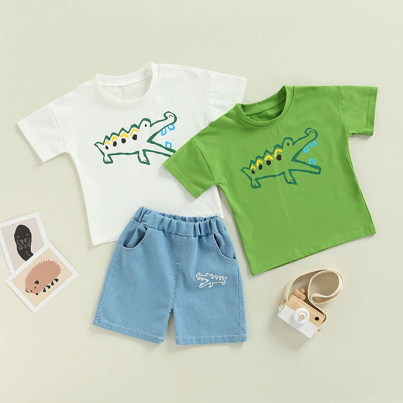 

Toddler Kid Boys 2 Pcs Outfits Suits Cartoon Crocodile Printed Short Sleeve Round Neck T-shirt with Denim Short Pant